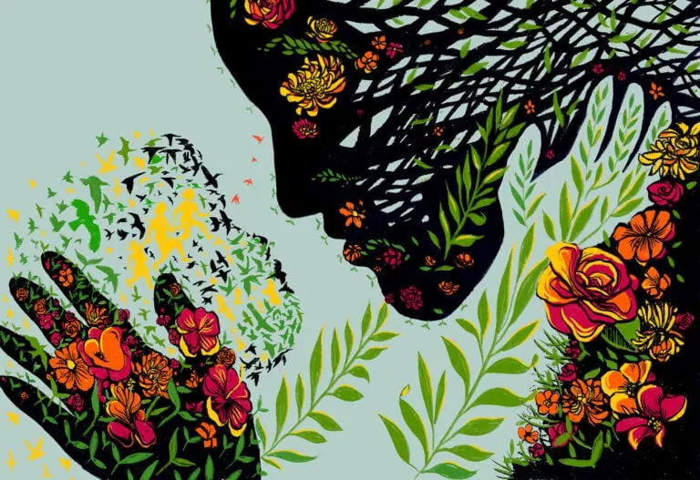 Vivid illustration of a woman’s face and hands made of flowers and leaves, symbolizing growth and empowerment.