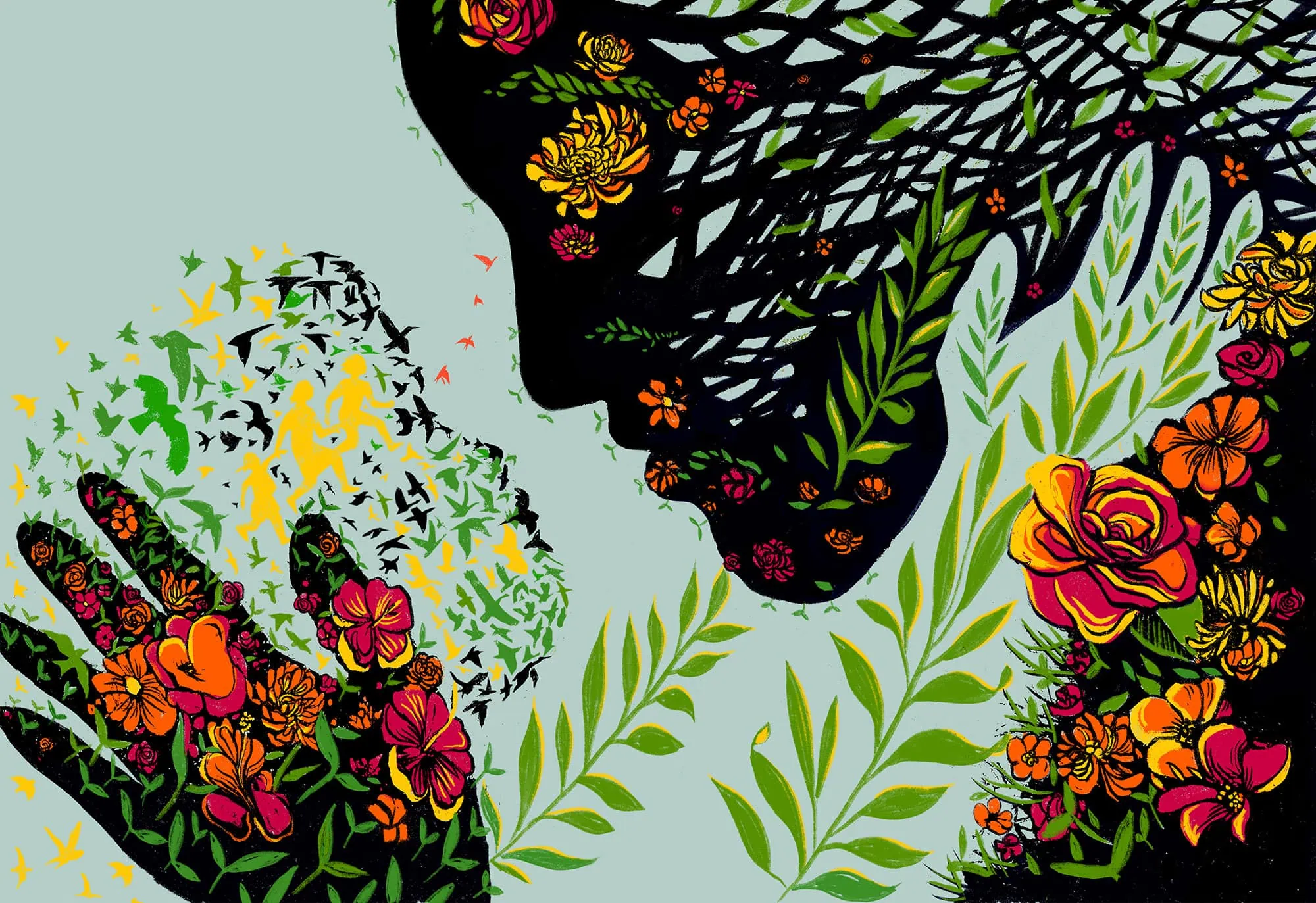 Vivid illustration of a woman’s face and hands made of flowers and leaves, symbolizing growth and empowerment.