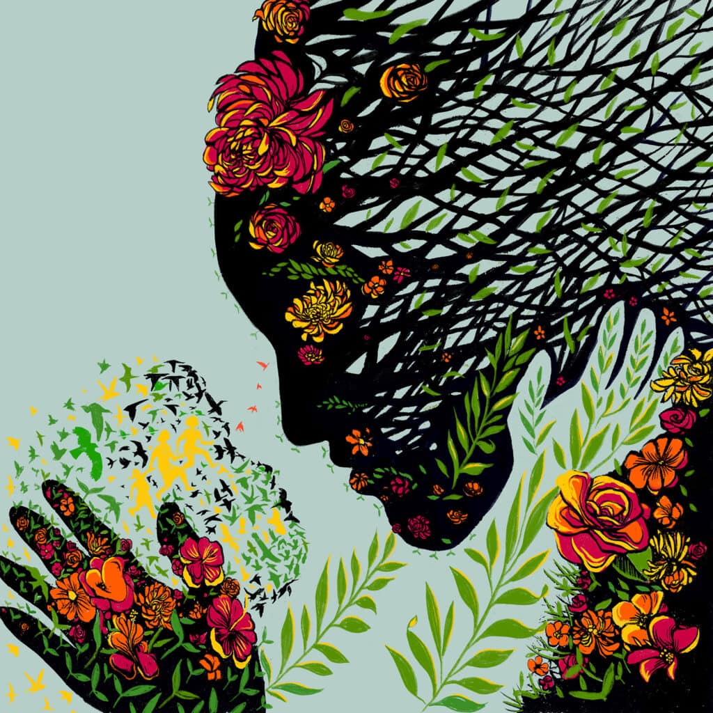 Diverse woman silhouette with flowers and leaves, representing women’s empowerment and research.
