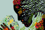 Diverse woman silhouette with flowers and leaves, representing women’s empowerment and research.