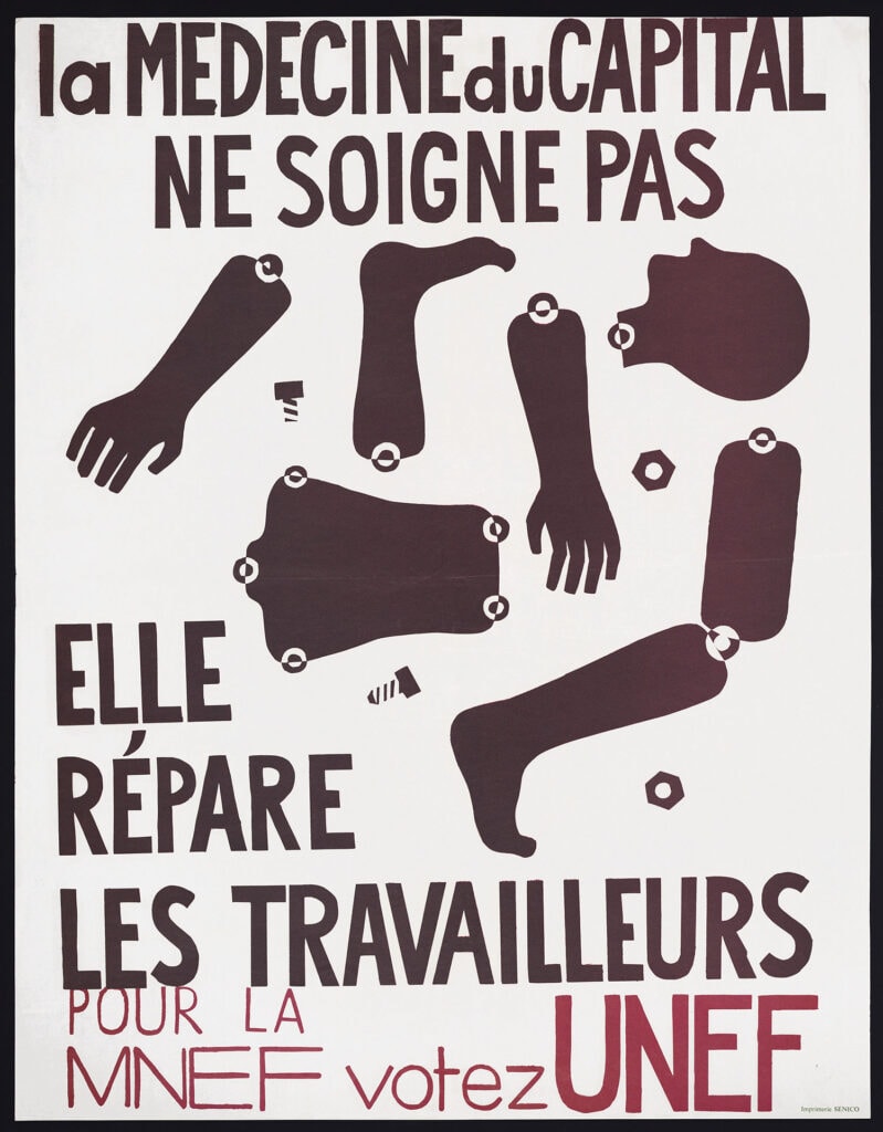 Poster with black and white text advocating for healthcare reforms for women workers.
