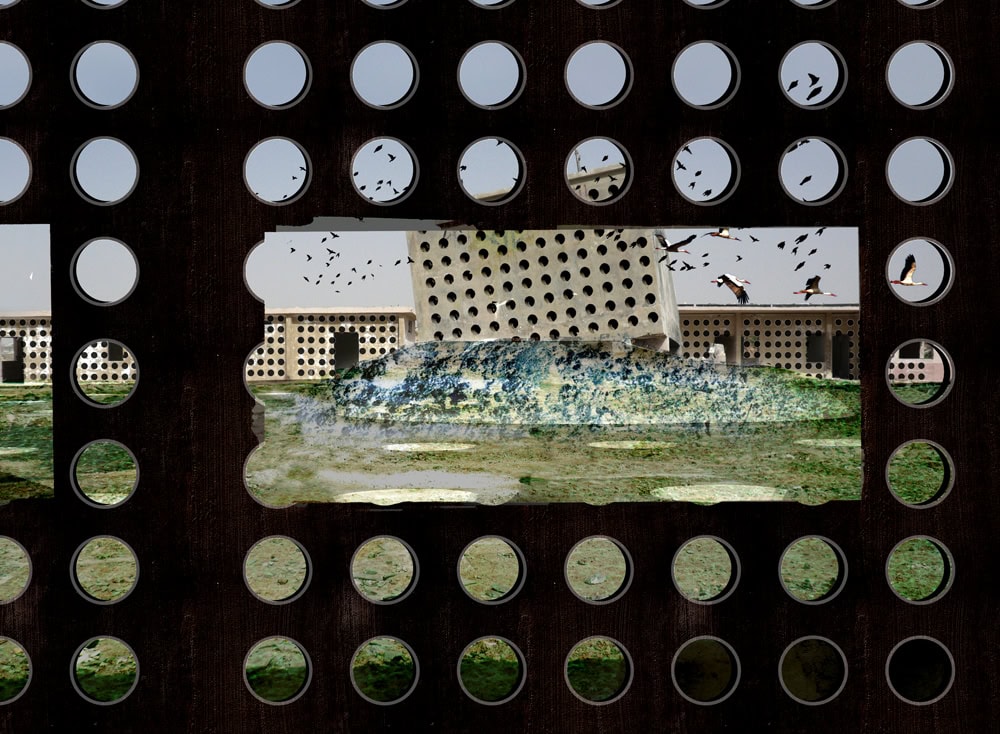 Alt: View through perforated metal panel showing modern buildings with bird silhouettes in the sky.