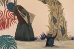 A surreal artwork illustrating women with faces emerging from natural elements like corn and leaves, symbolizing connection to nature and spirituality.