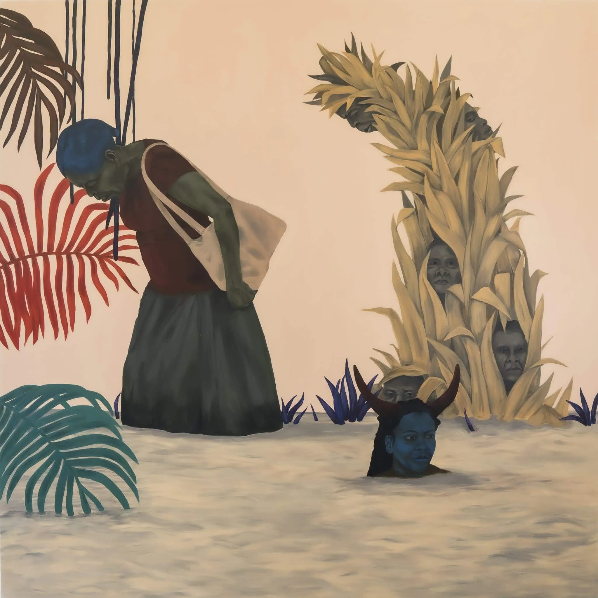 A surreal artwork illustrating women with faces emerging from natural elements like corn and leaves, symbolizing connection to nature and spirituality.