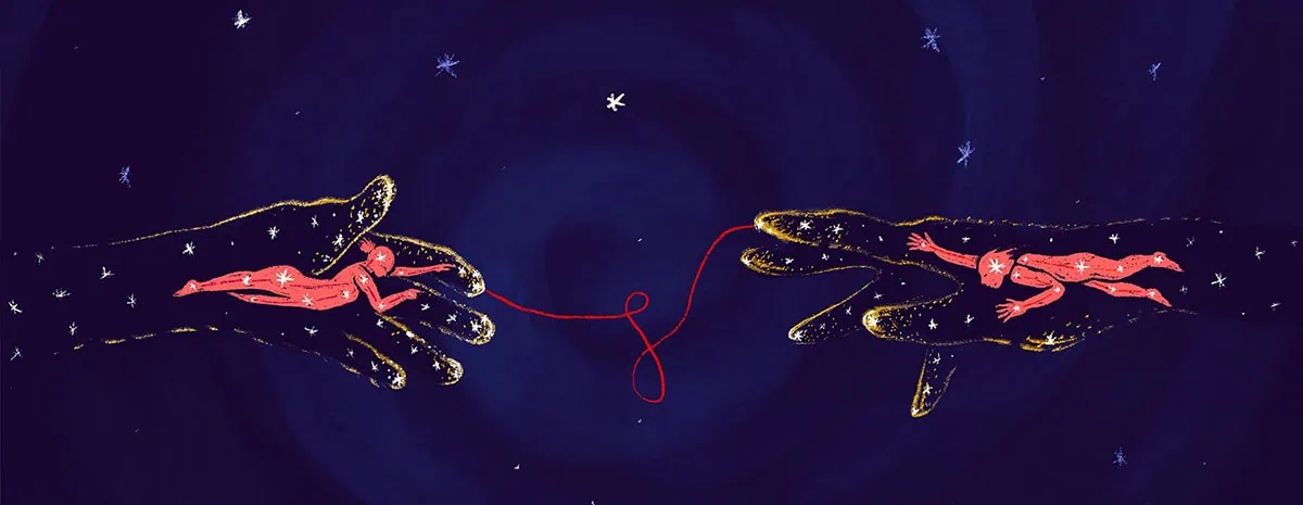 Alt text: Illustrative artwork of two hands with sparkling details reaching towards each other, holding a small human figure connected by a red thread.