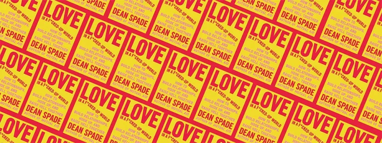 Bright yellow background with "LOVE" repeated in bold red text, emphasizing themes of love and connection.