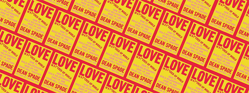 Bright yellow background with "LOVE" repeated in bold red text, emphasizing themes of love and connection.