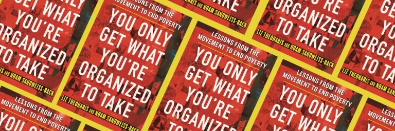 Alternative text: Protest poster with bold text urging organization to end poverty, featuring authors Liz Theoharis and Noam Sandweiss.