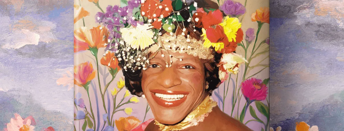 Colorful portrait of a smiling woman with a flower crown and vibrant background.
