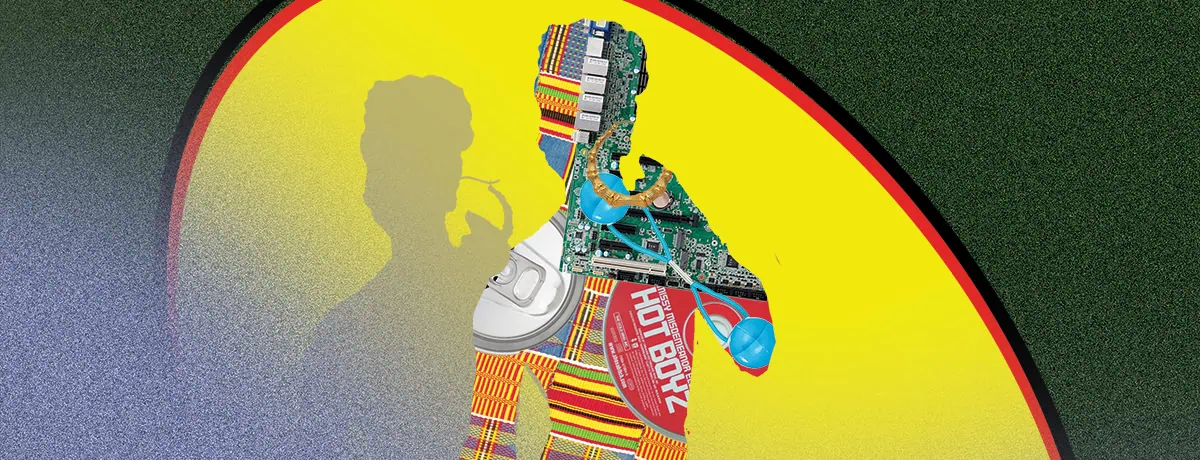 A digital collage of a woman made from circuit boards, headphones, and colorful patterns.