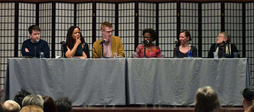 six panelists on stage for the BCRW event for The Argonauts by Maggie Nelson