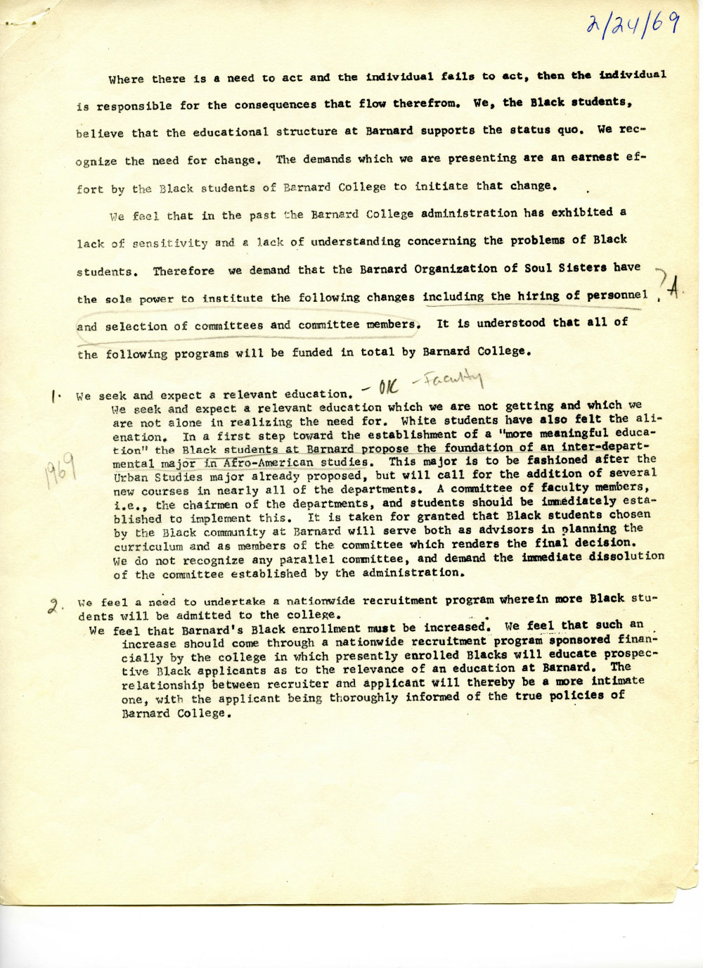 Barnard Organization of Soul Sisters Demands 1969