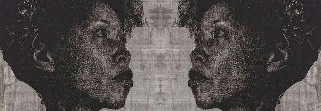 A mirrored artistic depiction of a woman's face emphasizing strength and resilience.