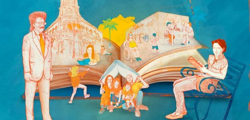Diverse women engaging with literature and community activities in a creative illustration.