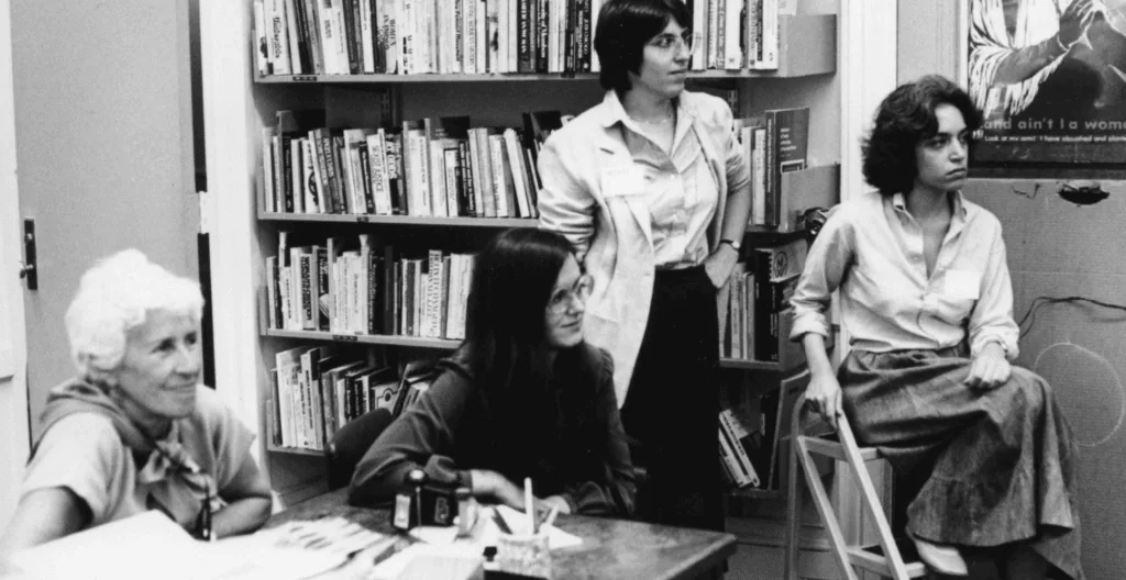 Black and white photo of women at Barnard Center for Research on Women.