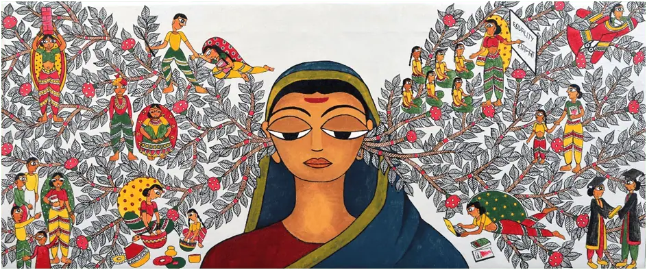 2. Artistic mural depicting women’s empowerment, diversity, and community connected through intricate tree branches.