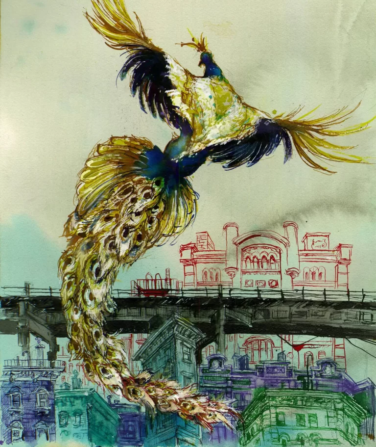 Vibrant watercolor artwork of a bird flying above city buildings and a bridge, emphasizing urban art and creativity.