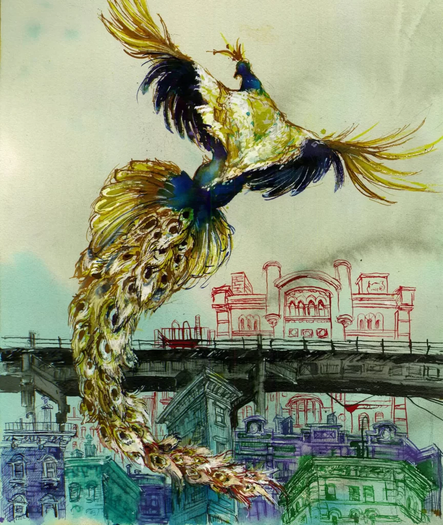 Vibrant watercolor artwork of a bird flying above city buildings and a bridge, emphasizing urban art and creativity.