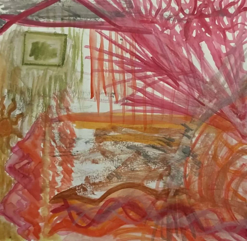 Colorful abstract watercolor painting with pink, orange, and brown shades creating a dynamic composition.