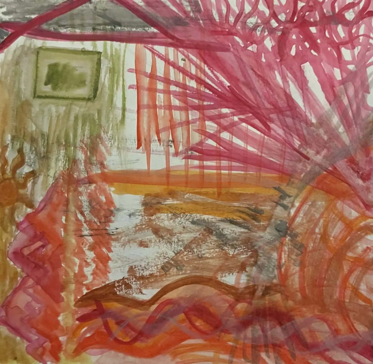 Colorful abstract watercolor painting with pink, orange, and brown shades creating a dynamic composition.