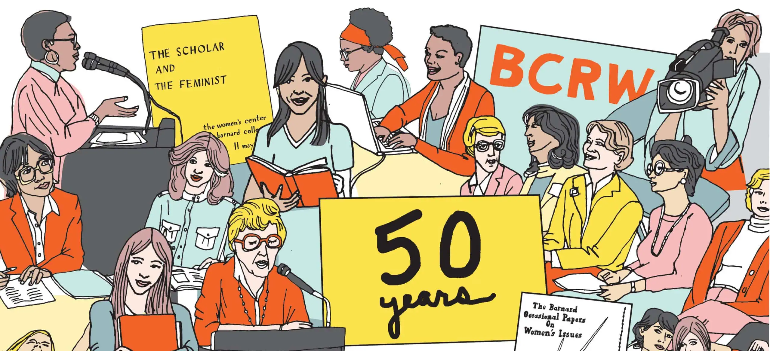 Illustration of women at a conference, with banners referencing BCRW and women's topics, celebrating 50 years of scholarly work.