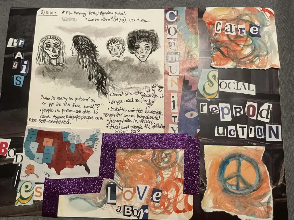 2. Collage celebrating social justice with artwork, map, and handwritten notes on prison issues.