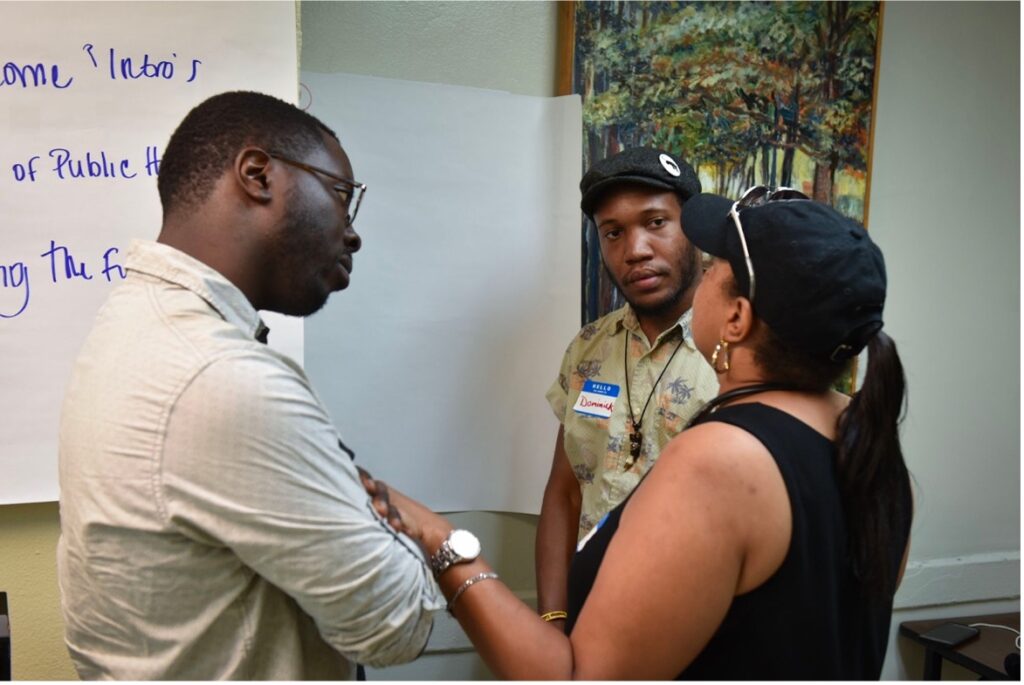 Fig. 1. Ben Ndugga-Kabuye, Dominick Braswell, and Maria Forbes in conversation at Marble Hill Houses CTN workshop