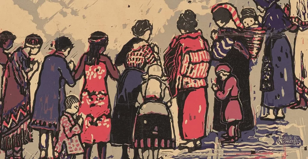 Diverse women and children in line, illustrated with vibrant colors emphasizing community and hope.