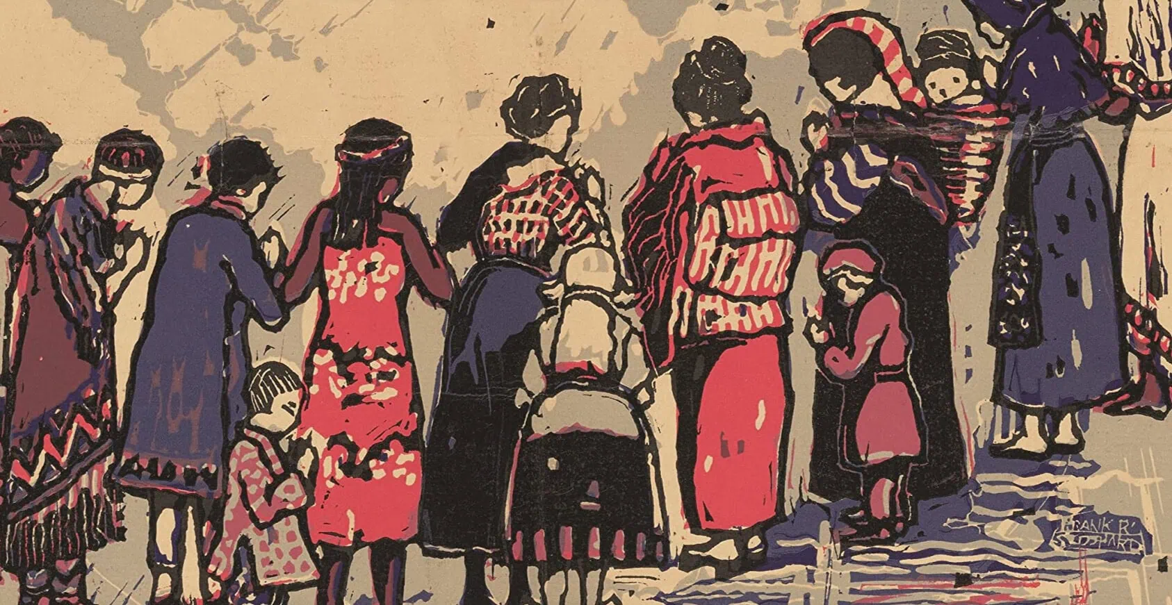 Diverse women and children in line, illustrated with vibrant colors emphasizing community and hope.